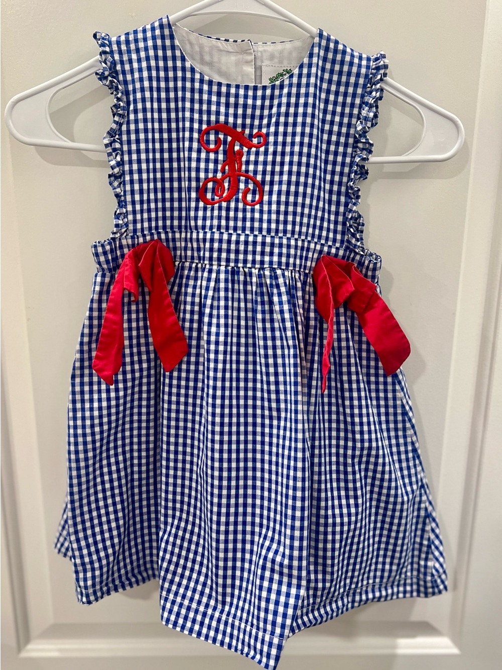 Cecil and Lou “F” Monogrammed Blue Gingham Girls Dress with Red Accents - 4t